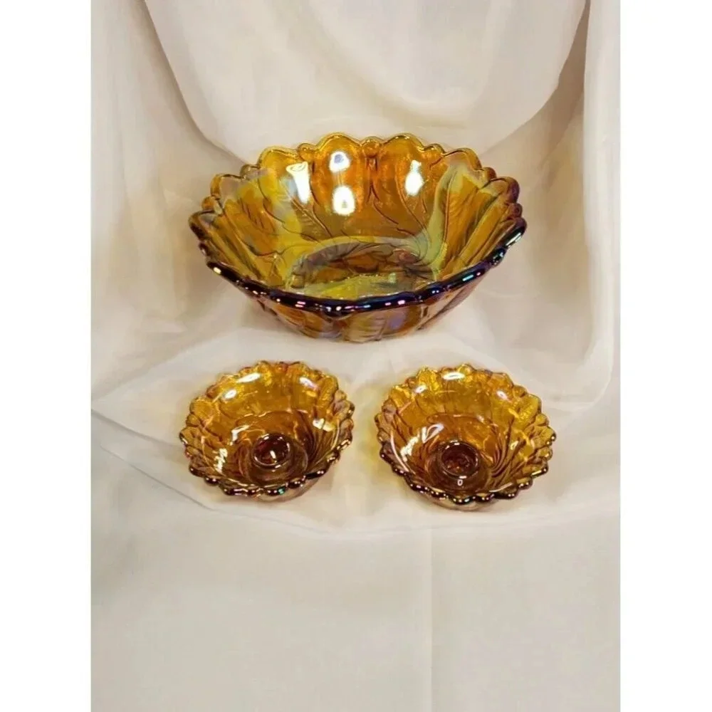 Vtg Indiana Glass Iridescent Gold Carnival Glass #1211 3pc Console Set Footed - Picture 1 of 13